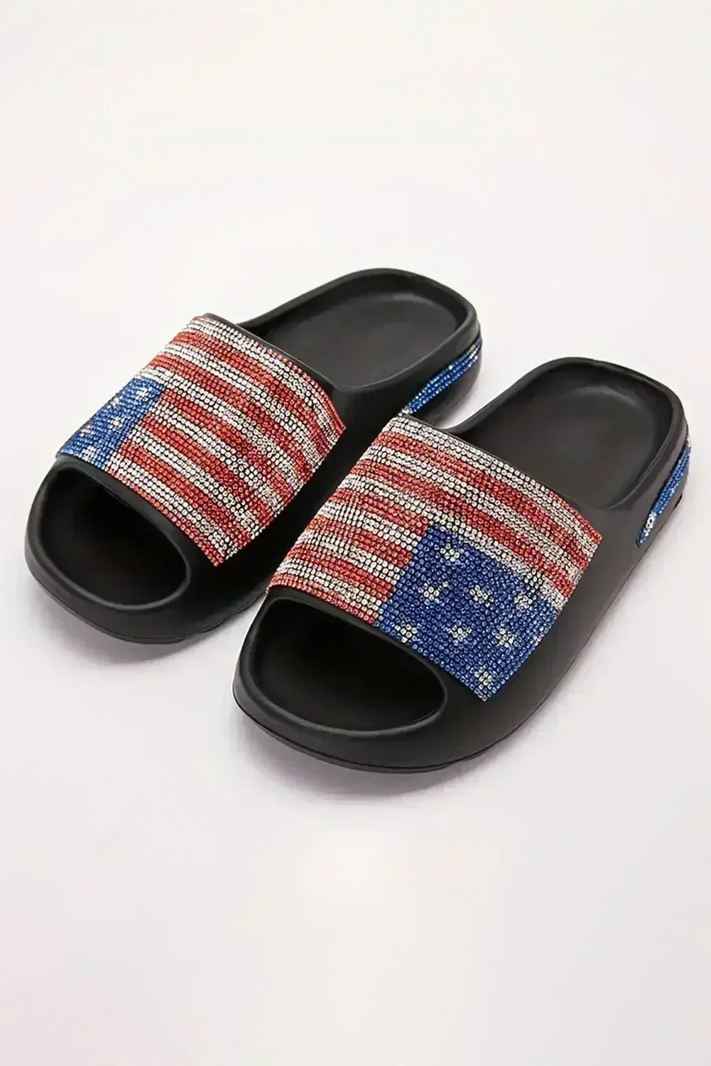 White Rhinestone American Flag Thick Sole Slides Shoes - Femstylo
