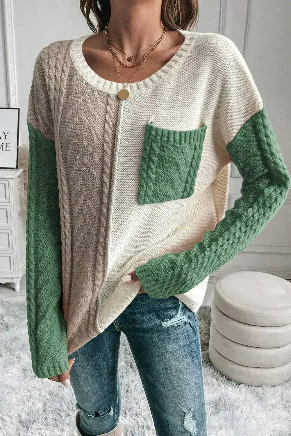 Color Block Round Neck Long Sleeve Sweater - Femstylo