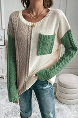 Color Block Round Neck Long Sleeve Sweater - Femstylo