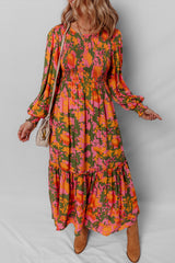 Orange Floral Puff Sleeve Smocked Bodice Frill Tiered Dress