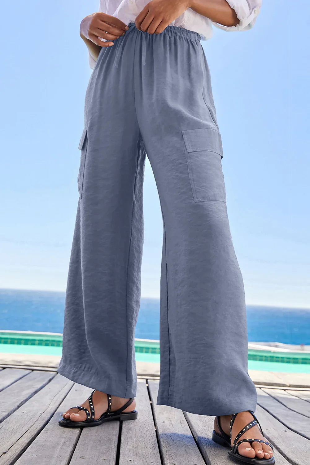Dark Grey Drawstring Smocked Waist Wide Leg Utility Trousers