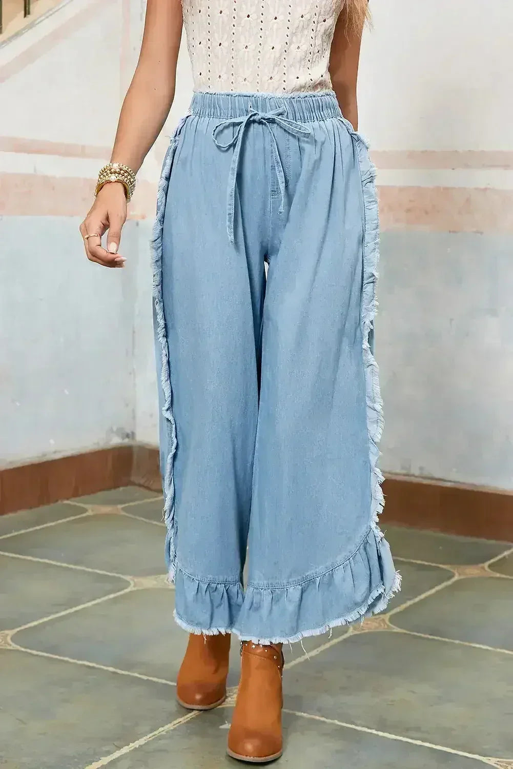 Myosotis Light Wash Raw Hem Ruffle Wide Leg Jeans - Femstylo