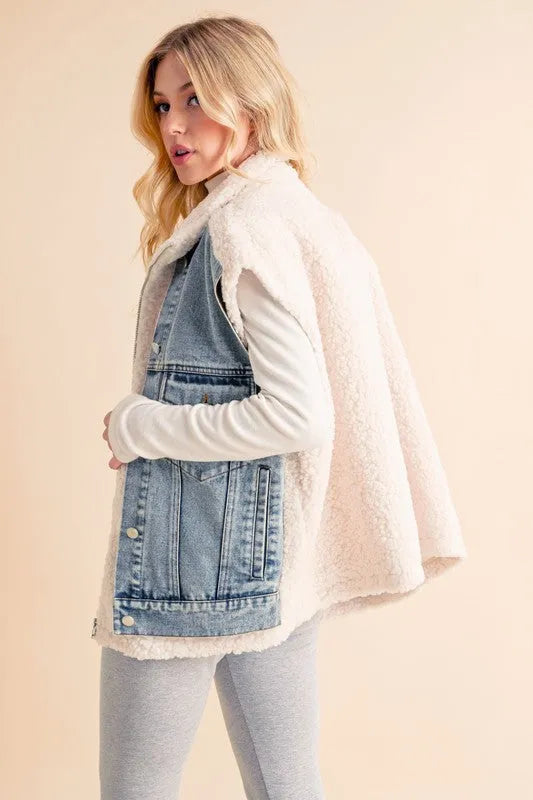 Aemi + Co Fake Two Pieces Denim Patch Sherpa Vest Coat