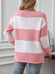 Color Block V-Neck Long Sleeve Sweater - Femstylo