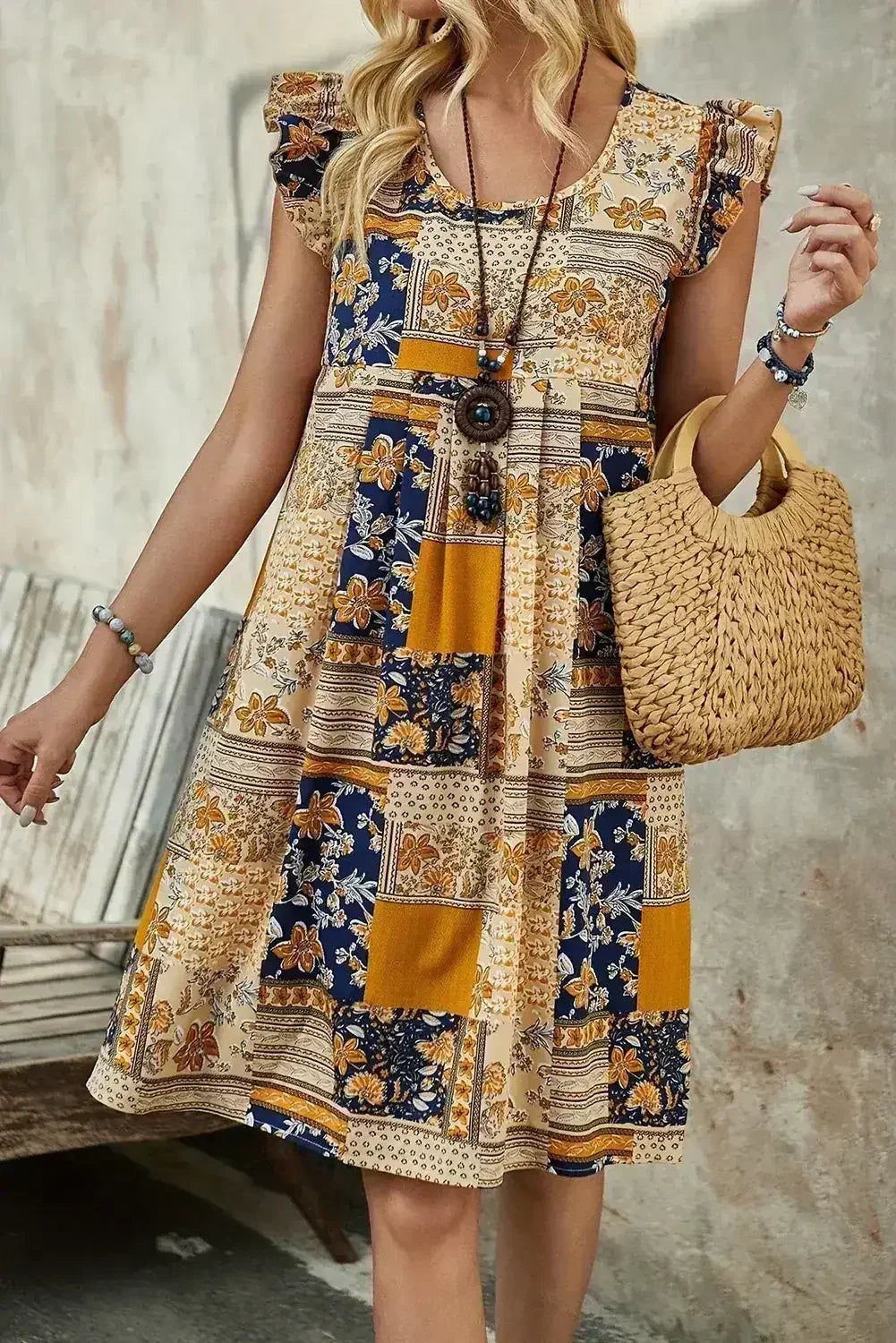 Multicolour Boho Floral Pleated Sleeveless Mini Dress - Femstylo