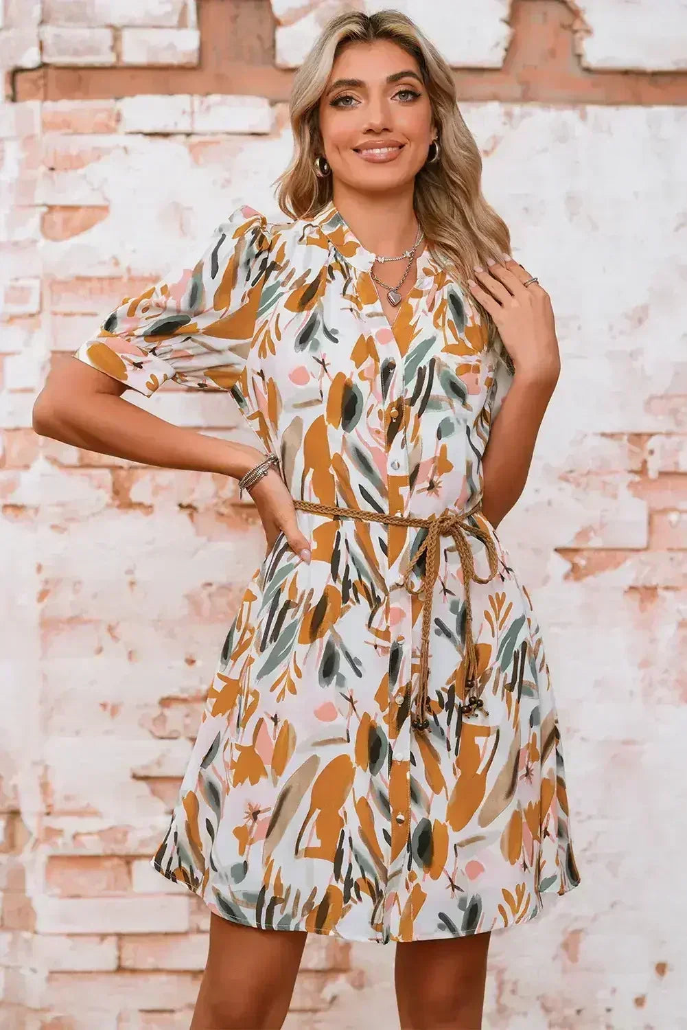 Brown Abstract Puff Sleeve Button Up Braided Belt Mini Dress - Femstylo