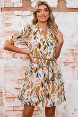 Brown Abstract Puff Sleeve Button Up Braided Belt Mini Dress - Femstylo