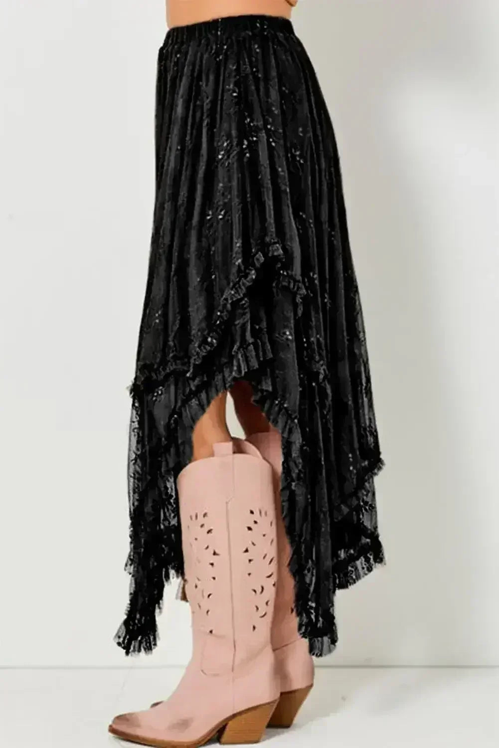 Beige Lace Cascading Tiered High Waist Maxi Skirt - Femstylo