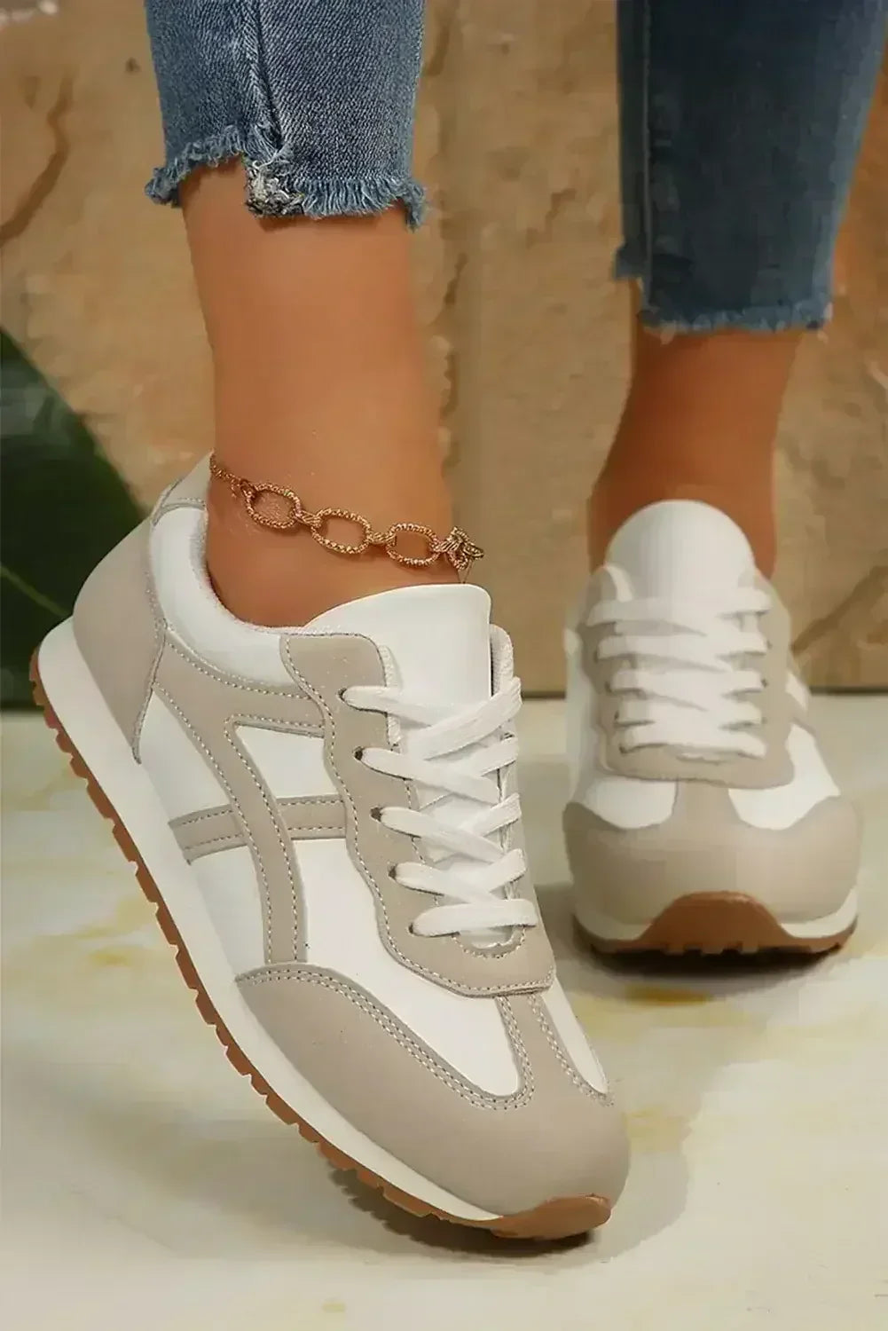 Oatmeal Contrast Lace Up Round Toe Sneakers - Femstylo