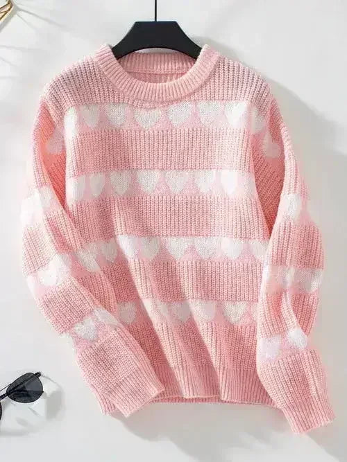 Heart Round Neck Dropped Shoulder Sweater - Femstylo