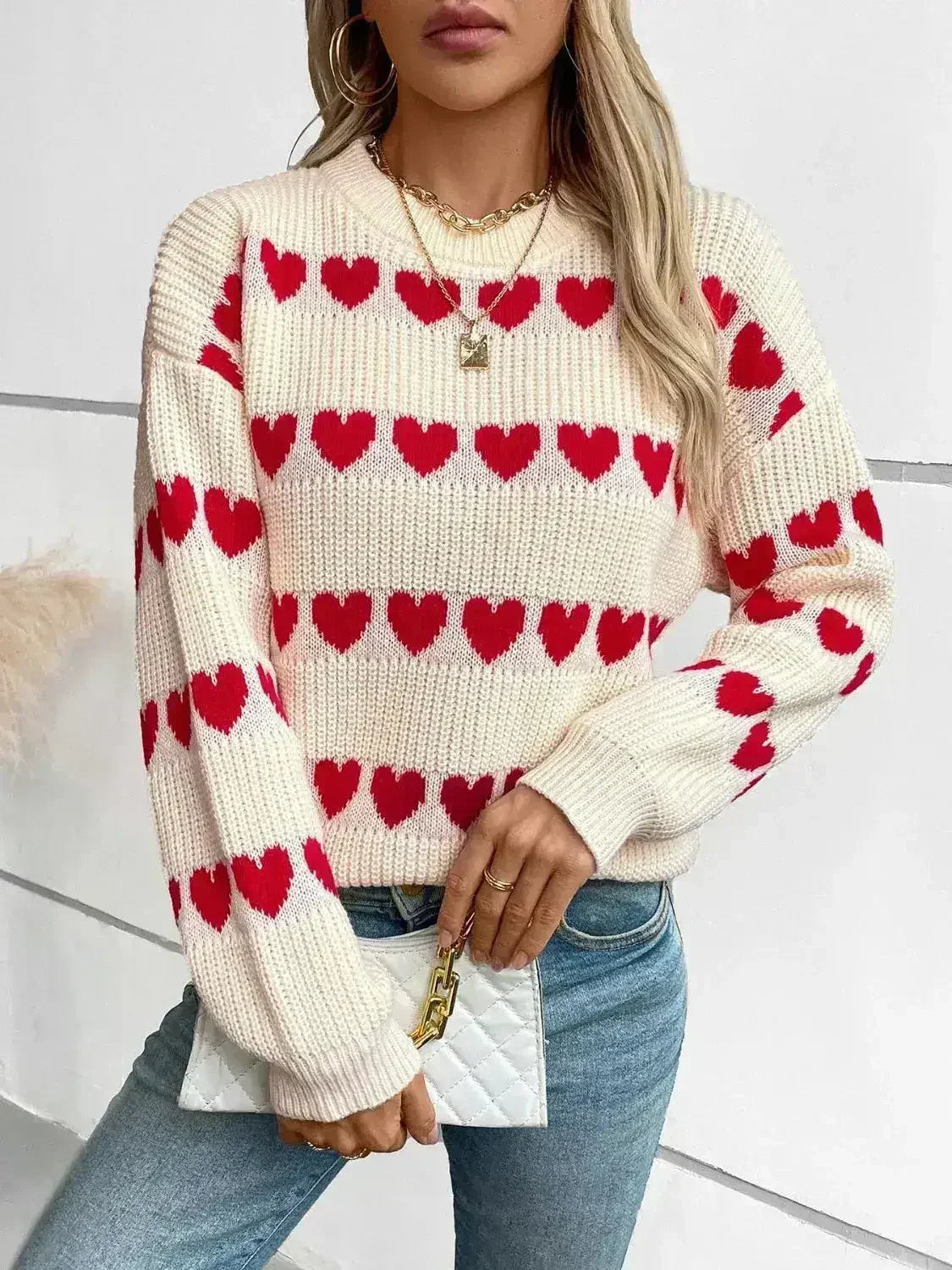 Heart Round Neck Dropped Shoulder Sweater - Femstylo