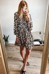 Black Leopard Button V Neck Flowy Mini Dress - Femstylo