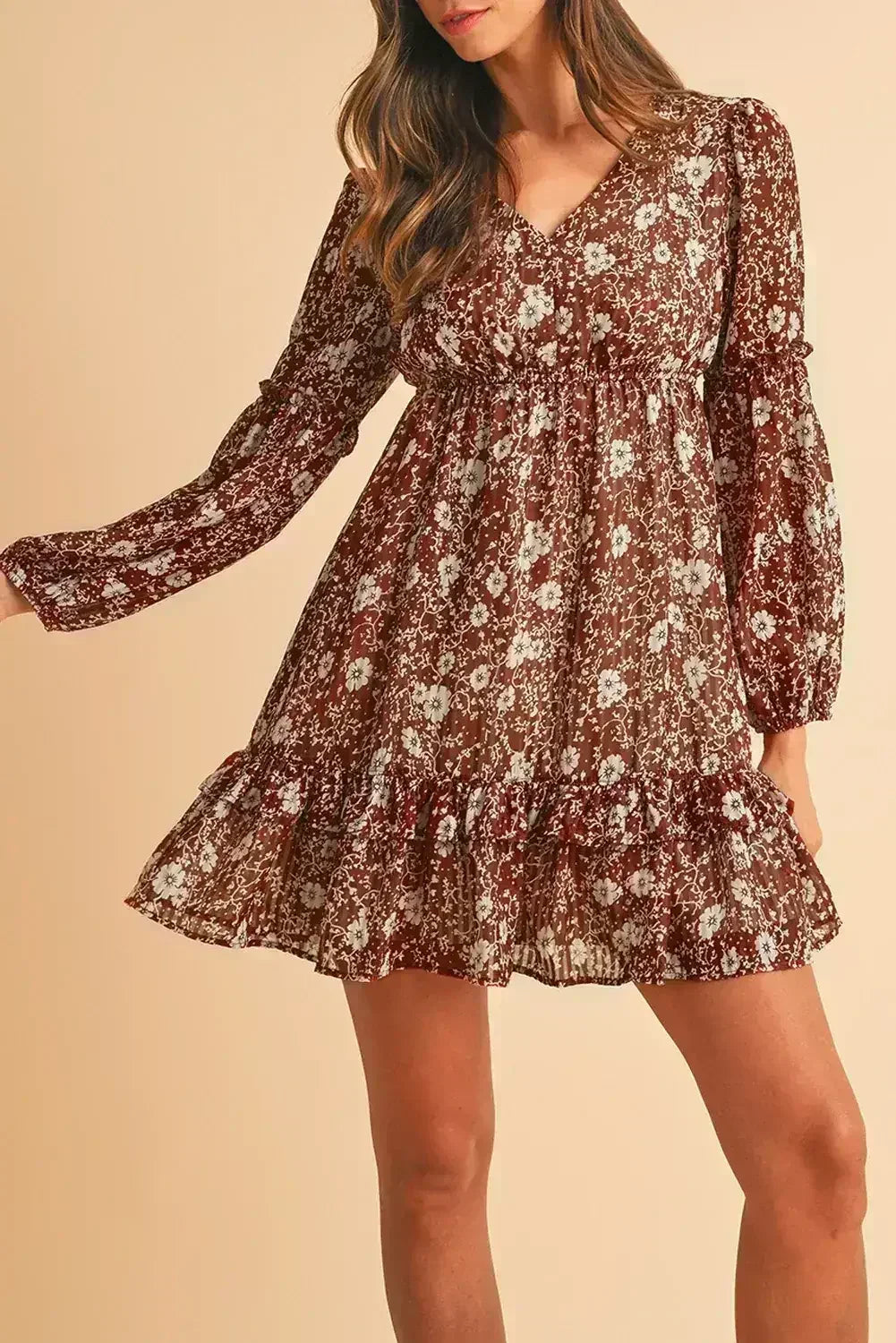 Brown Boho Floral Ruffle Puff Sleeve V Neck Mini Dress - Femstylo
