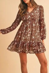 Brown Boho Floral Ruffle Puff Sleeve V Neck Mini Dress - Femstylo