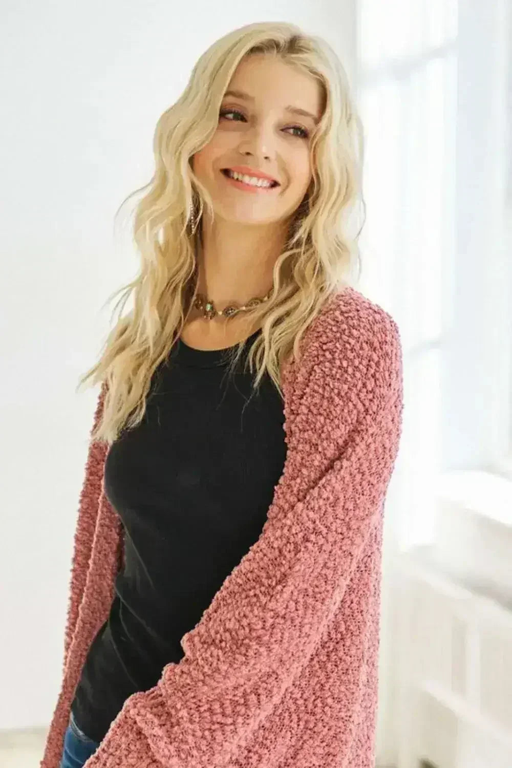 ADORA Popcorn Knit Open Front Long Sleeve Cardigan - Femstylo