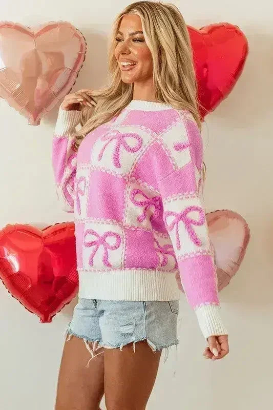 Pink Bow Knot Two Tone Checkered Crew Neck Sweater - Femstylo