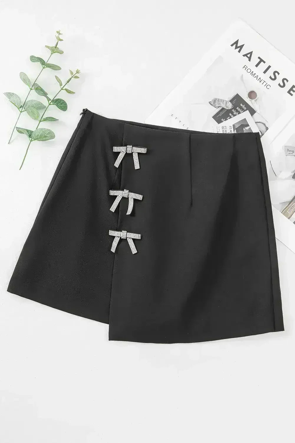Black Rhinestone Bow High Waist Mini Skirt - Femstylo