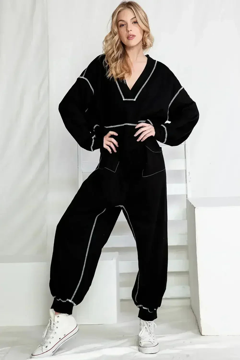 Black Exposed Seam Oversized Drop Waist Jumpsuit - Femstylo