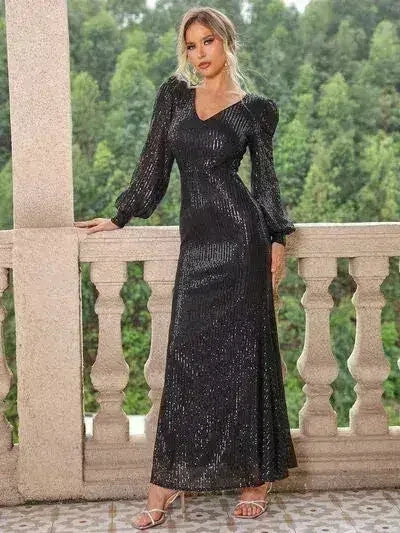 Sequin V-Neck Lantern Sleeve Maxi Dress - Femstylo