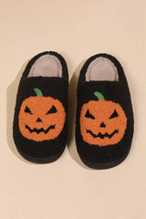 Black Halloween Pumpkin Print Plush Slippers - Femstylo