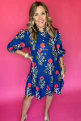 Blue Floral Print Button Front 3/4 Puff Sleeve Ruffle Hem Dress