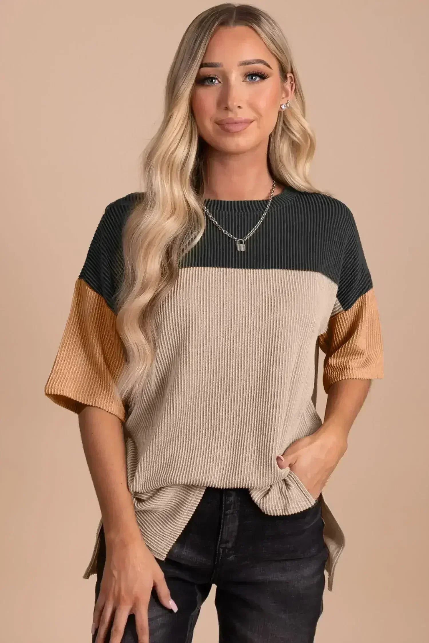Black Color Block Ribbed Side Slits Half Sleeve Top - Femstylo