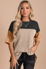 Black Color Block Ribbed Side Slits Half Sleeve Top - Femstylo