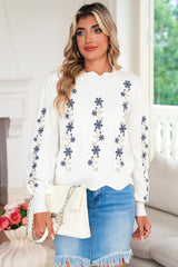 White Floral Embroidered Scallop Hem Cropped Sweater