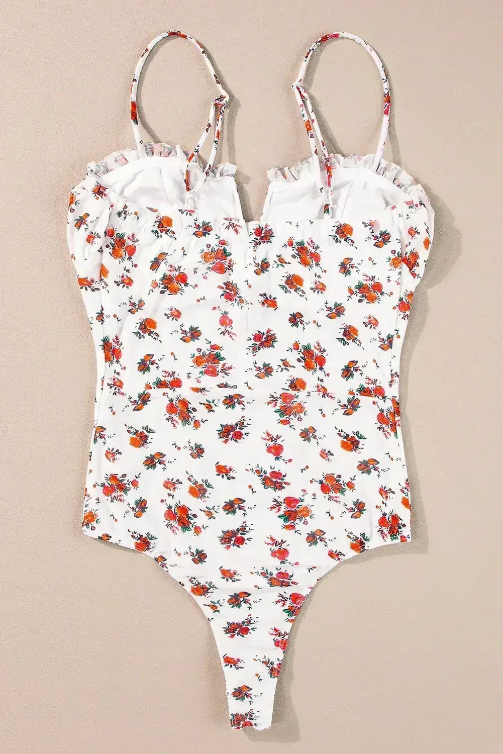 White Floral V Cut Frilled Trim Spaghetti Straps Bodysuit - Femstylo