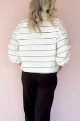 White Striped Zipper V-Neck Drop Sleeve Top - Femstylo