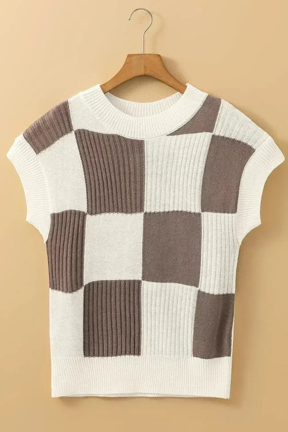 Light Blue Checkered Color Block Crew Neck Short Sleeve Sweater - Femstylo