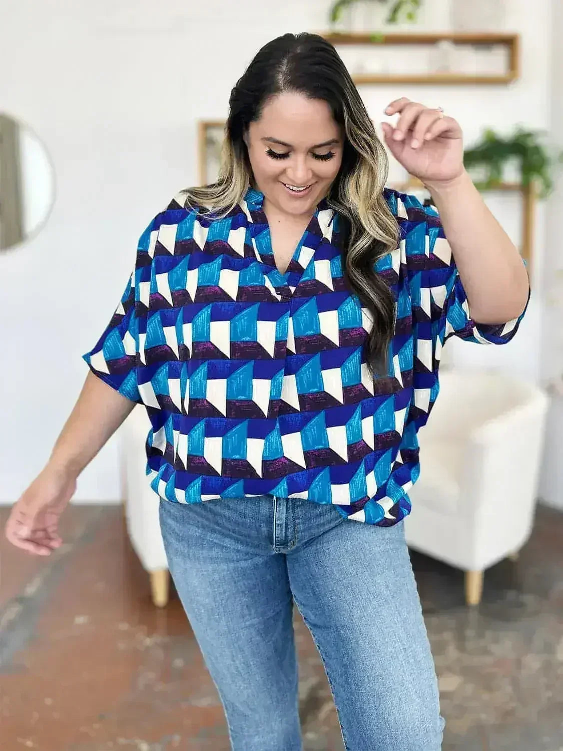 Geometric Notched Sleeve Blouse - Versatile Top | Femstylo - Femstylo