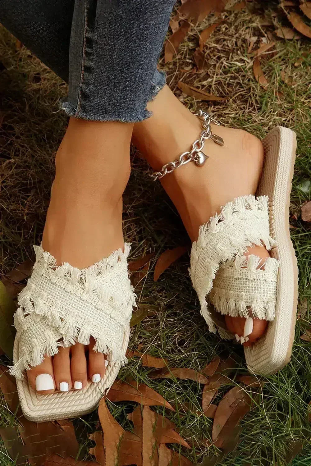 Beige Tassel Woven Crossed Straps Flat Slides Shoes - Femstylo
