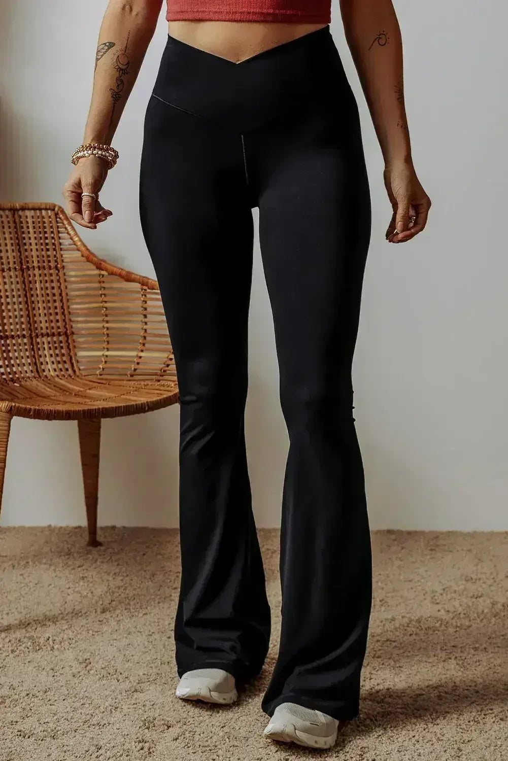 Dark Grey V Shape High Waist Flared Leggings - Femstylo