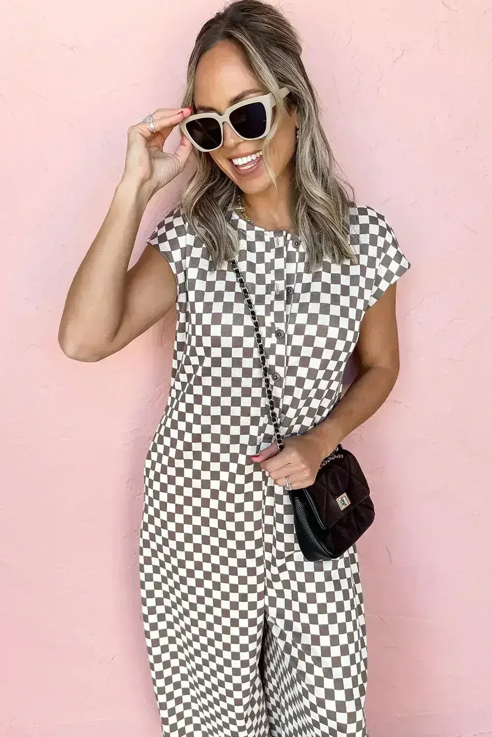 Khaki Checkered Print Buttoned Crew Neck Wide Leg Jumpsuit - Femstylo