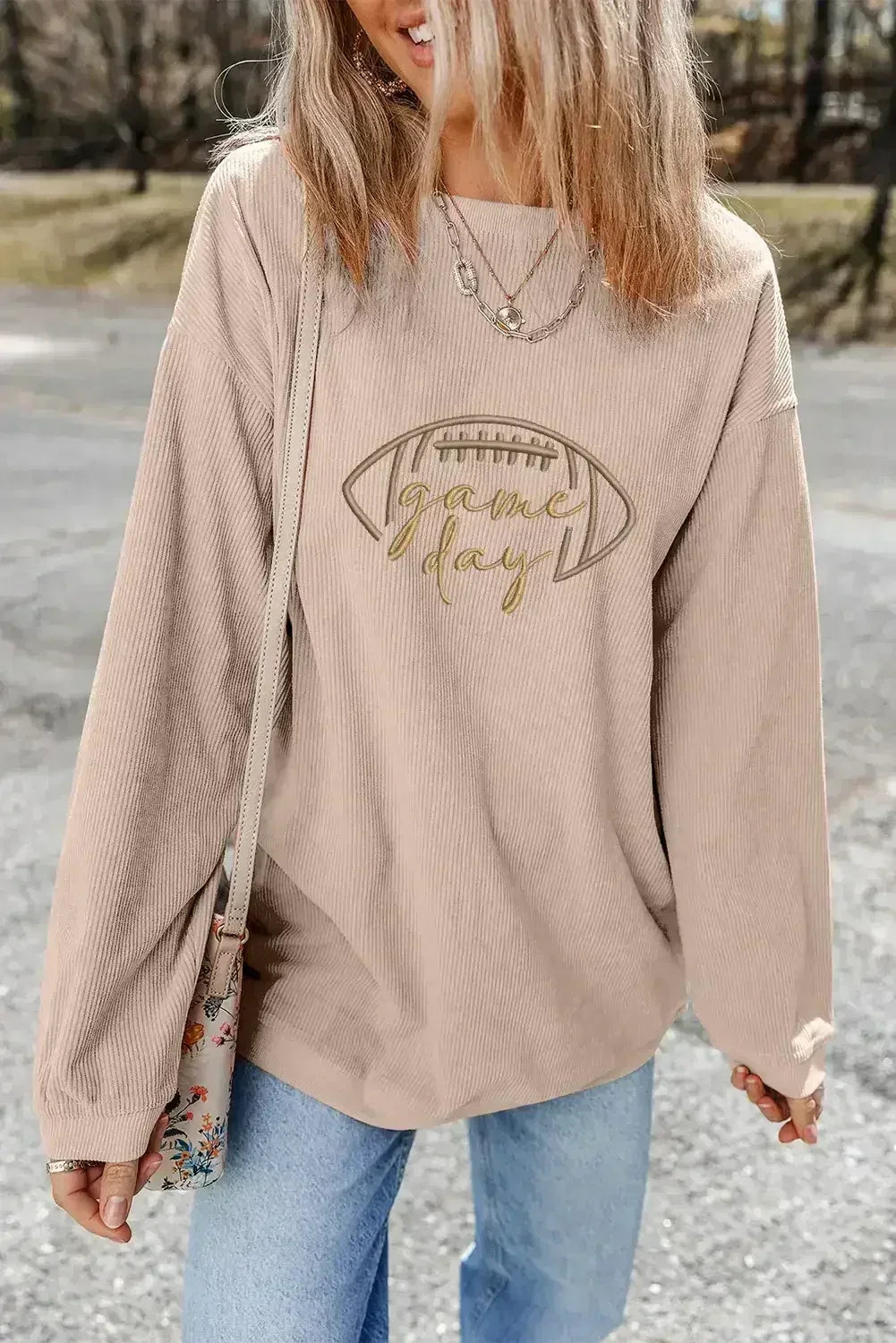 Apricot Football Graphic Drop Shoulder Game Day Corded Sweatshirt - Femstylo