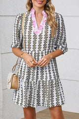 Black Floral Abstract Print Tiered Pop of Color Neckline Dress - Femstylo