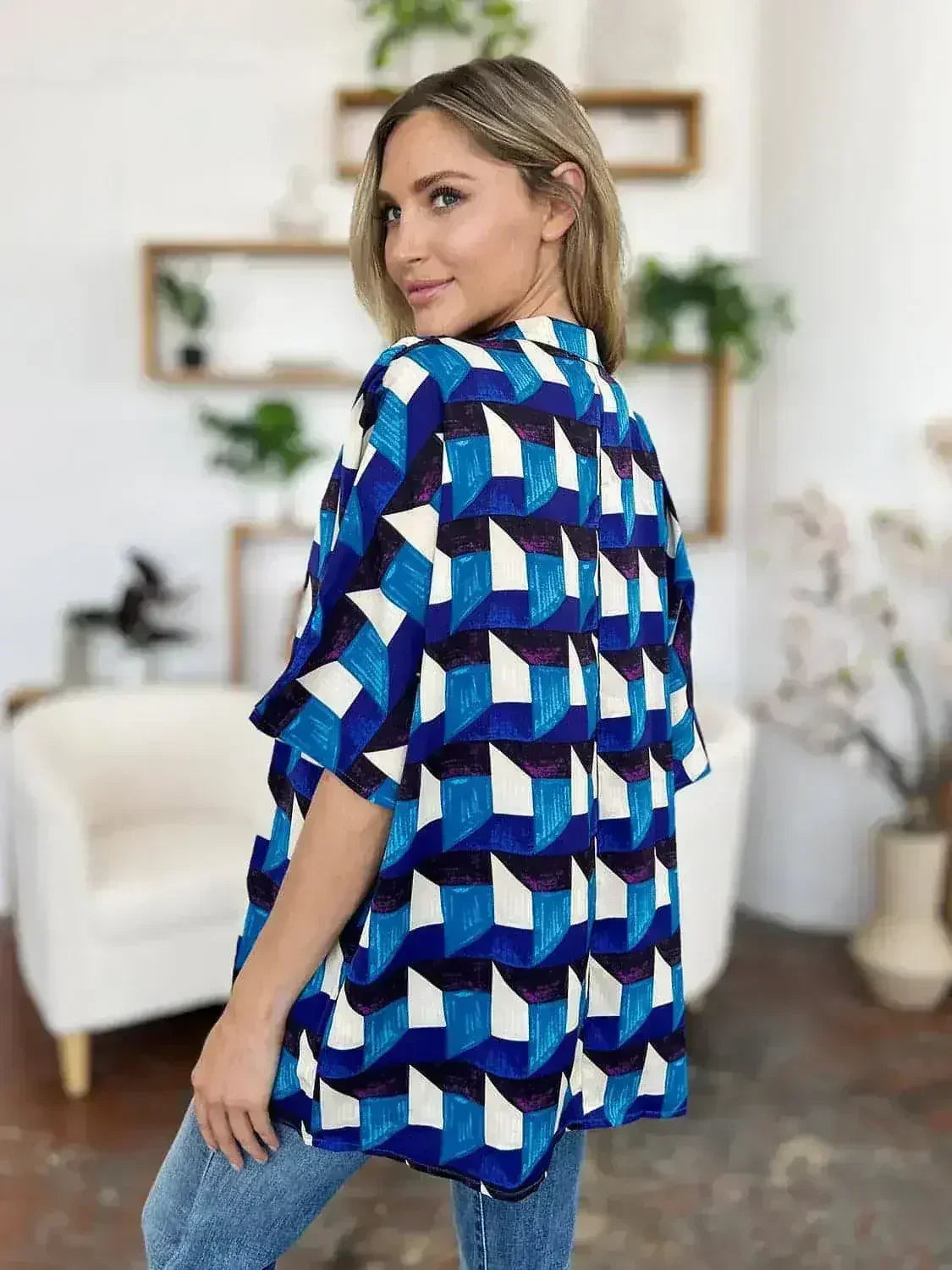 Geometric Notched Sleeve Blouse - Versatile Top | Femstylo - Femstylo