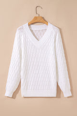 White Plain Knit Ribbed Edge V Neck Loose Sweater - Femstylo