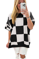 Black Checkered Pattern Loose Short Sleeve Sweater
