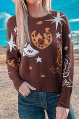 Brown Star Boots Print Cropped Knit Sweater