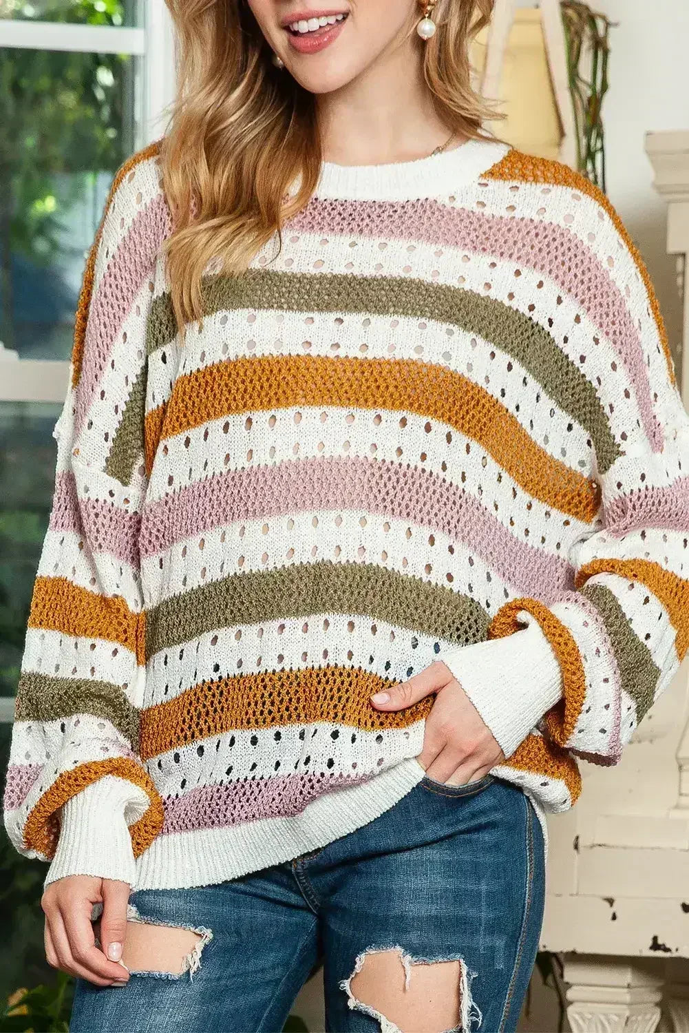 Multicolor Striped Hollowed Knitted Loose Sweater - Femstylo
