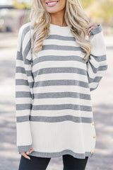 Gray Stripe Ribbed Buttoned Detail Drop Shoulder Tunic Sweater