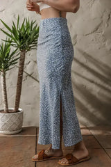 Sky Blue Boho Floral High Waist Side Split Long Skirt - Femstylo