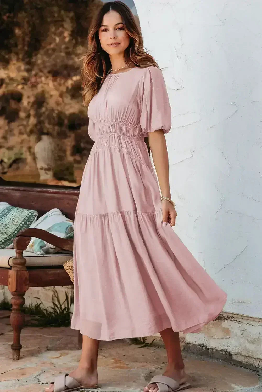 Light Blue Puff Sleeve High Waist Flowy Midi Dress - Femstylo