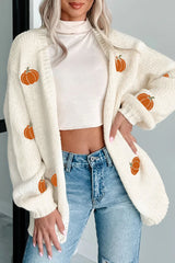 White Pumpkin Print Open Front Drop Shoulder Knit Cardigan