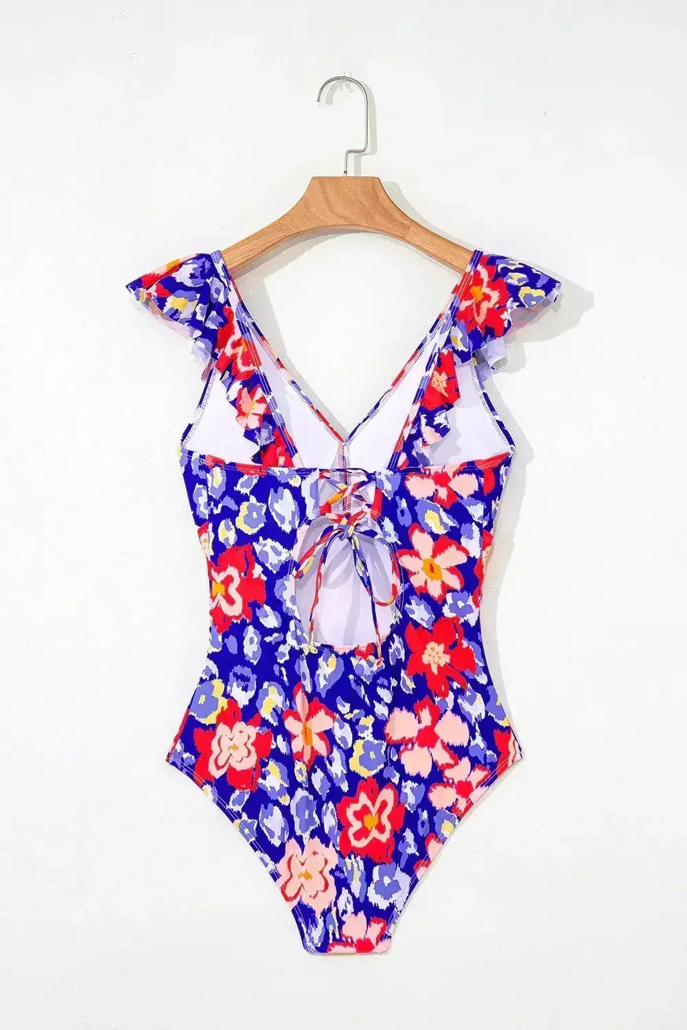 Pink Floral Ruffle Trim V Neck Backless One Piece Swimsuit - Femstylo