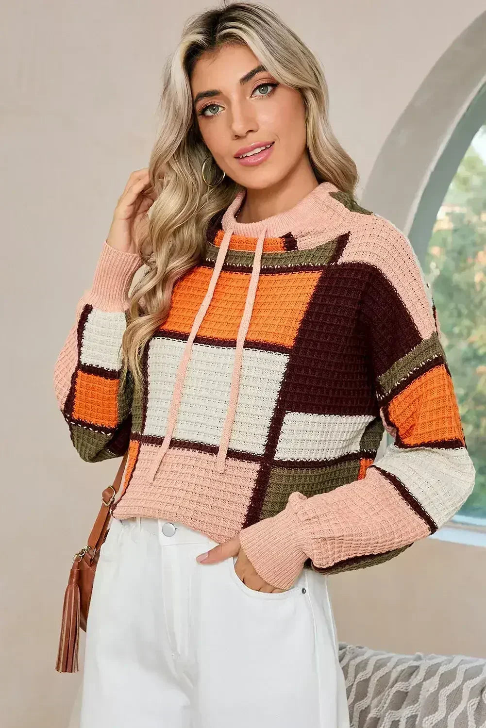 Orange Color Block Waffle Knit Drawstring Mock Neck Sweater - Femstylo