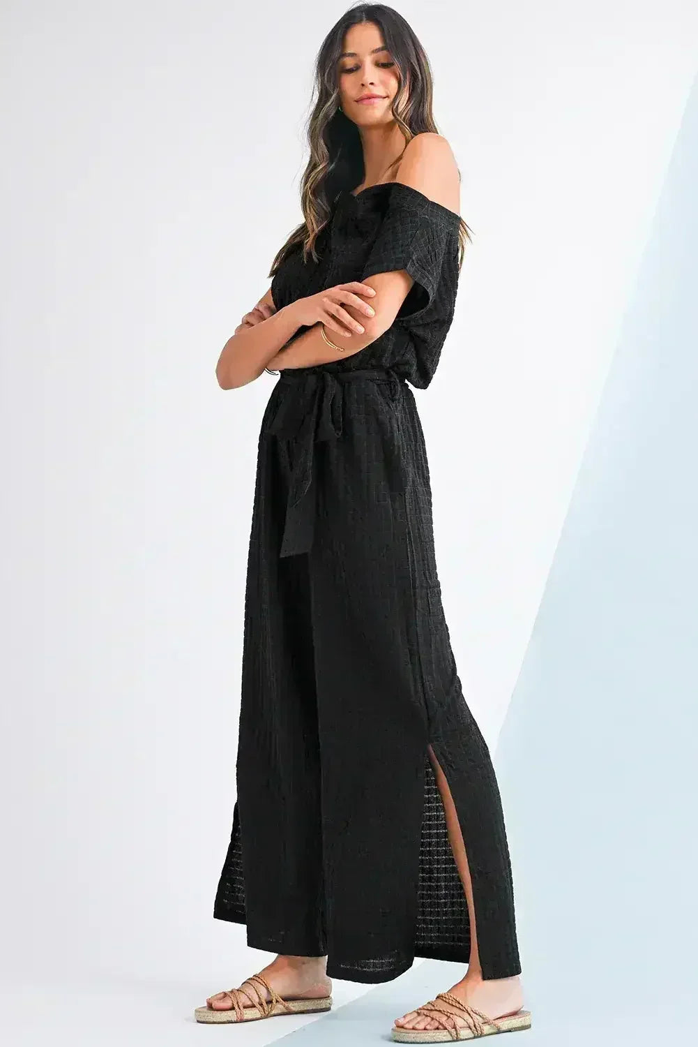 Black Checkered Mesh One Shoulder Short Sleeve Knotted Waist Jumpsuit - Femstylo