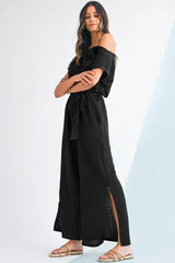 Black Checkered Mesh One Shoulder Short Sleeve Knotted Waist Jumpsuit - Femstylo
